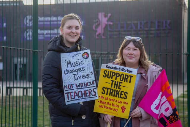 Nikki Steaggles and Jodie Mack outside Ark Charter Academy, Portsmouth on March 2 this year Picture: Habibur Rahman