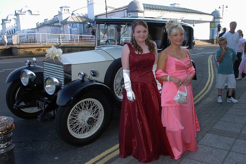 Gemma Greeman (16) (left) and Lauren Harwood (16) (right) arrived for the Portchester Community School Prom in a splendid white Rolls Royce at the Royal Beach Hotel, South Parade, Southsea in June 2006. Picture: (062868-0018)