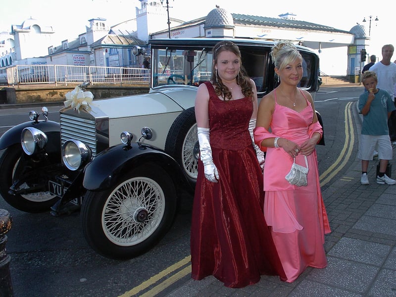 Gemma Greeman (16) (left) and Lauren Harwood (16) (right) arrived for the Portchester Community School Prom in a splendid white Rolls Royce at the Royal Beach Hotel, South Parade, Southsea in June 2006. Picture: (062868-0018)