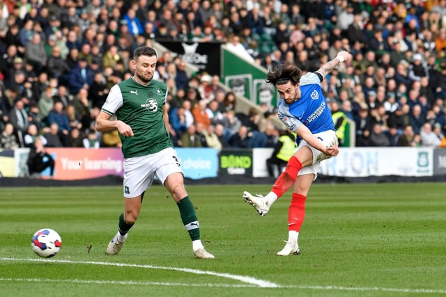 Owen Dale fires in a shot on Plymouth's goal during the first half of Pompey's trip to Home Park. Picture: Graham Hunt/ProSportsImages