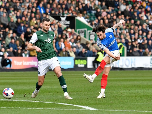 Owen Dale fires in a shot on Plymouth's goal during the first half of Pompey's trip to Home Park. Picture: Graham Hunt/ProSportsImages