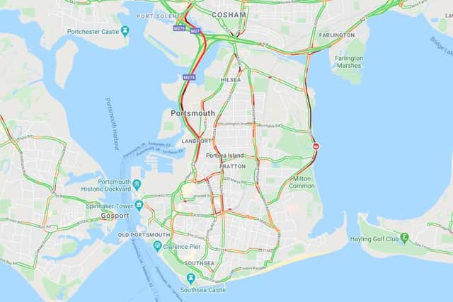 Google Traffic maps show thick red lines of congestion, southbound, on the M275 and Eastern Road after a crash. Picture: Google Maps
