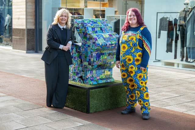 Mia Gordon and Artist Sarah Turner next to the rabbit sculpture, which the public can name. Picture: Tony Kershaw.