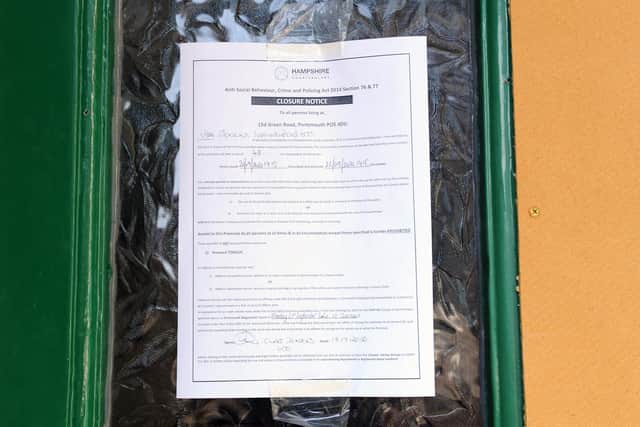 A closure order has been issued on a flat within a block in Green Road, Southsea. Pictured is the closure notice. Picture: Sarah Standing (210920-4300)