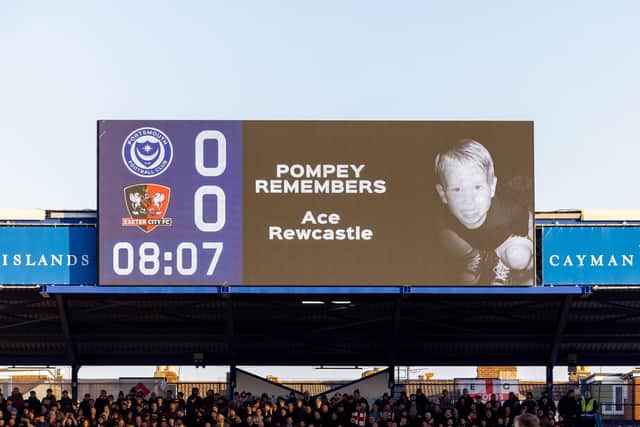 Tribute to Ace Rewcastle on the big screen at Fratton Park. Picture: Mike Cooter (210123)