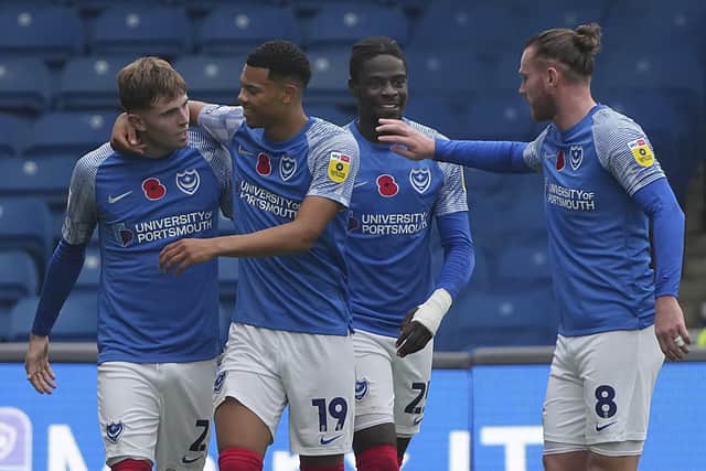Zak Swanson is congratulated after his maiden Pompey goal. He was also Gaffer for a Day Ashley Arnell's choice as man of the match. Picture: Barry Zee
