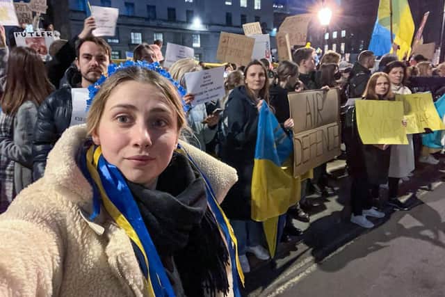 Olga Kravchenko is urging people to donate to humanitarian efforts in Ukraine in anyway they can. Pictured: Olga Kravchenko at the protests in London to support Ukraine on 25th February 2022. Photo: Olga Kravchenko.
