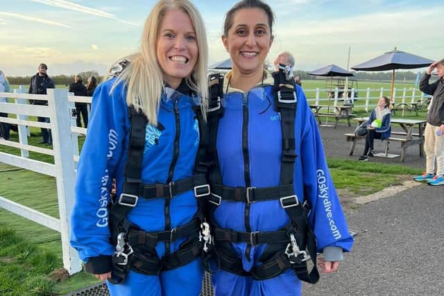Solent NHS Trust's chief of staff, Rachel Cheal, and former chief people office, Jas Sohal, have raised £1,800 with their skydive for Solent NHS Charity.