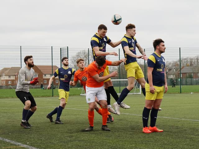 Pelham (blue/yellow) v Fort Cumberland. Picture by Kevin Shipp