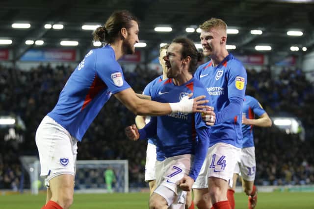 Ryan Williams celebrates his Pompey opener against Rochdale in Friday night's 3-0 sucess. Picture: Robin Jones/Getty Images