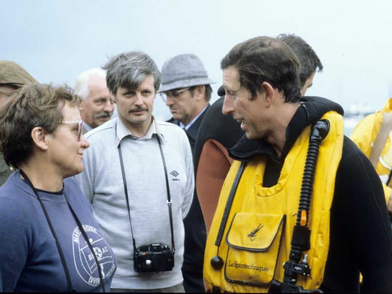 The then Prince Charles speaking to Margaret Rule immediately after diving to inspect the wreckage of the Mary Rose in 1982.