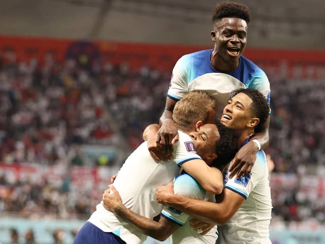 The England players celebrate Raheem Sterling's goal in today's Group B win against Iran.
Picture: Julian Finney/Getty Images