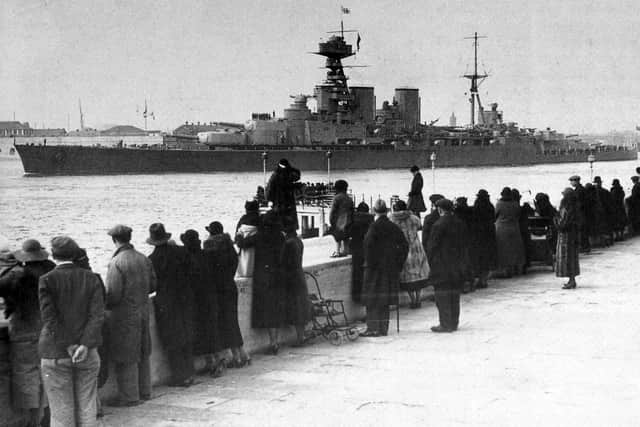 The battle cruiser HMS Hood leaving Portsmouth between the wars.