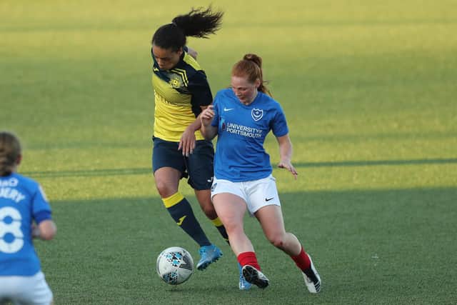 Jade Widdows in action for Portsmouth against her new club Moneyfields in 2020. Picture by Dave Haines