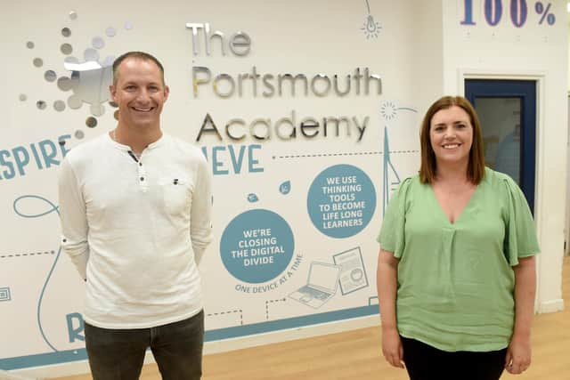 Pupils picked up their GCSE results at Portsmouth Academy in Portsmouth, on Thursday, August 25, 2022.

Pictured is: Outgoing principal Rachel Grey with new principal Assheton Woodall.

Picture: Sarah Standing (250822-2098)