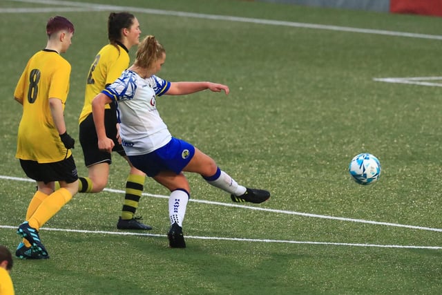 Jodie Burchell scores one of her six goals. Picture by Dave Haines