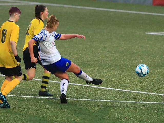 Jodie Burchell scores one of her six goals. Picture by Dave Haines