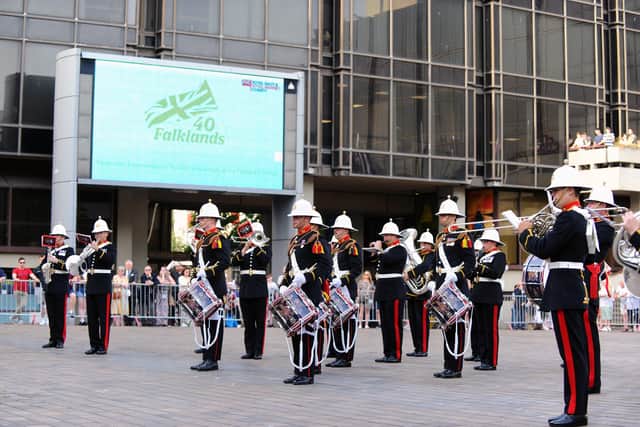 Dozens of Falklands veterans were given a rousing welcome to Portsmouth by the Royal Marines Band to mark the 40th anniversary of the Falklands War.
Picture: Sarah Standing (170622-7029)