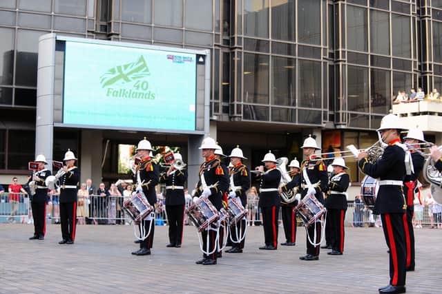Dozens of Falklands veterans were given a rousing welcome to Portsmouth by the Royal Marines Band to mark the 40th anniversary of the Falklands War.

Picture: Sarah Standing (170622-7029)