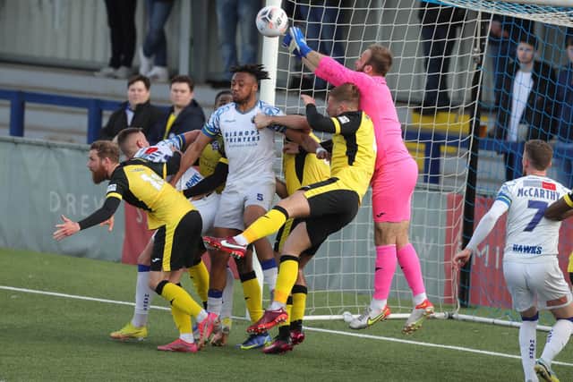 The Tonbridge Angels  keeper comes under pressure. Picture by Dave Haines