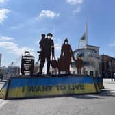 The Standing With Giants art installation I Want To Live tribute to commemorate war victims in Ukraine is on display at Gunwharf Quays.