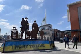 The Standing With Giants art installation I Want To Live tribute to commemorate war victims in Ukraine is on display at Gunwharf Quays.