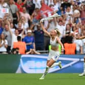 Chloe Kelly celebrates after netting the extra-time winner which saw England beat Germany and claim the Euro 2022 trophy. Picture: Shaun Botterill/Getty Images