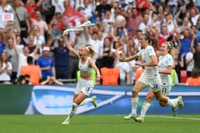 Chloe Kelly celebrates after netting the extra-time winner which saw England beat Germany and claim the Euro 2022 trophy. Picture: Shaun Botterill/Getty Images