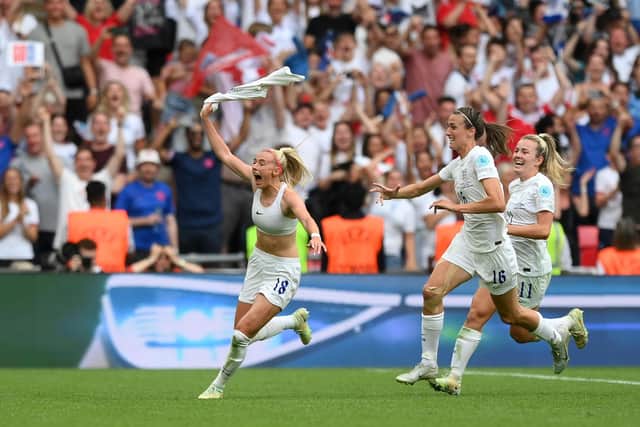 Chloe Kelly celebrates after netting the extra-time winner which saw England beat Germany and claim the Euro 2022 trophy. Picture: Shaun Botterill/Getty Images