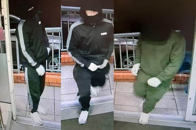 Police have released images of two men they would like to speak to. Two images are shown of one of the men and one image of the second man