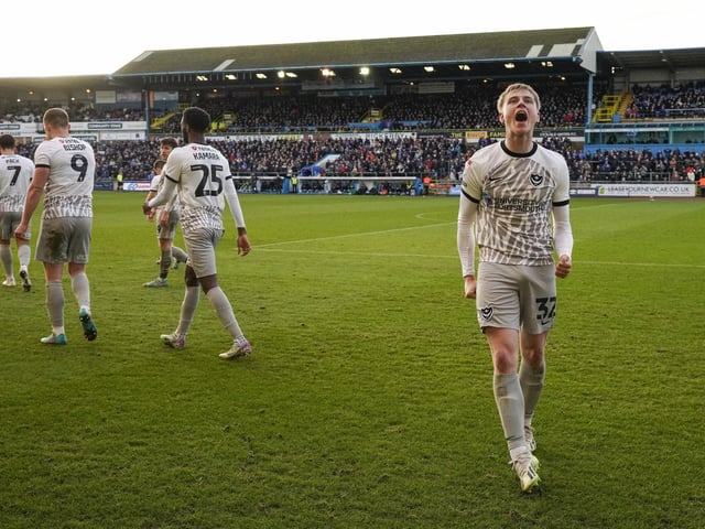 Paddy Lane laps up the applause from the travelling Fratton faithful following his 62nd-minute goal