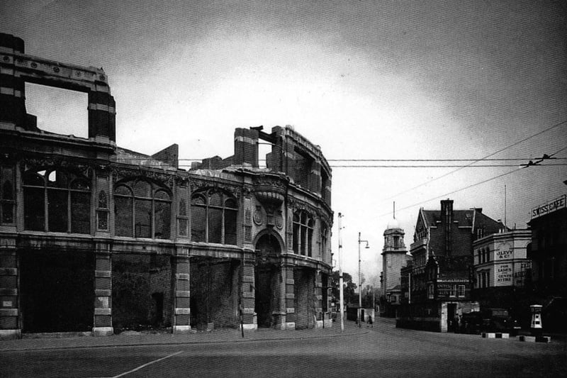 The corner of Edinburgh and Commercial Road, 1946. 
A dramatic scene on the corner of Edinburgh Road with the burnt out remains of the Central Hotel. Picture: Mick Cooper collection