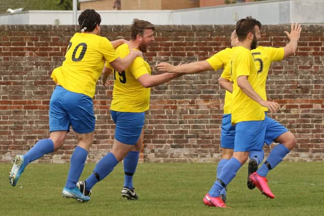 Milton Rovers celebrate a goal against North End Cosmos. Picture: Kevin Shipp.