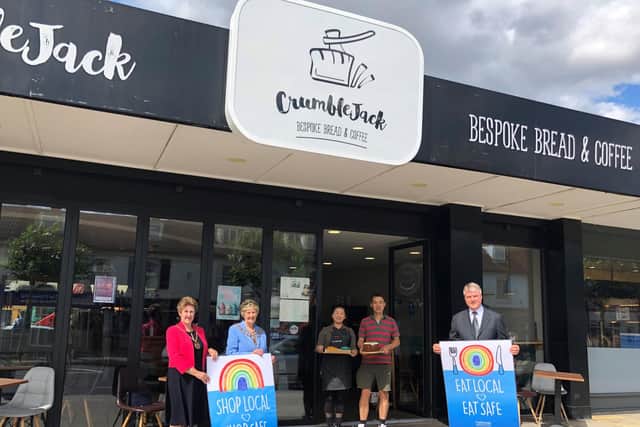 The start of Eat Out To Help Out in Fareham. Pictured left to right; the Mayoress of Fareham Louise Clubley, Mayor of Fareham Pamela Bryant, Crumblejack's owners and council leader Sean Woodward.