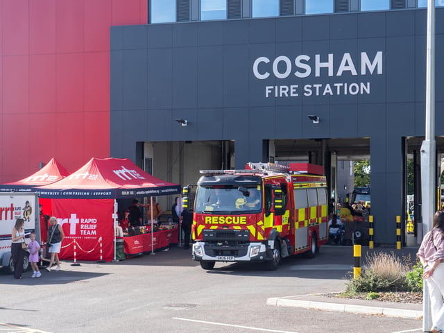 Cosham Fire Station Open Day. Pictured is a fire engine leaving the station and the front of Cosham Fire station. Pictured by Alec Chapman