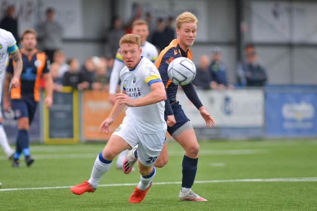 Tommy Wright in action against Slough last weekend - his red card will now rule him out of league games at Chelmsford and Tonbridge and the FA Cup first round trip to Charlton Athletic. Picture: Martyn White