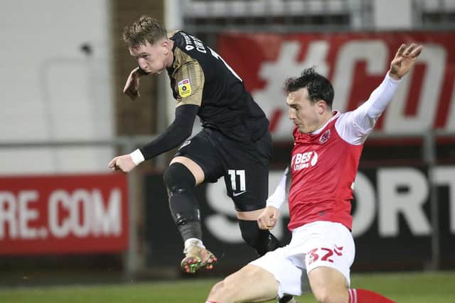 Ronan Curtis gets off a shot in Pompey's 2-0 win at Fleetwood on Tuesday night. He would later come off in the 87th minute with an ankle injury. Picture: Craig Galloway/ProSportsImages
