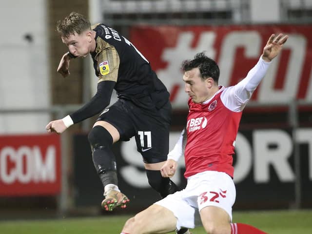 Ronan Curtis gets off a shot in Pompey's 2-0 win at Fleetwood on Tuesday night. He would later come off in the 87th minute with an ankle injury. Picture: Craig Galloway/ProSportsImages