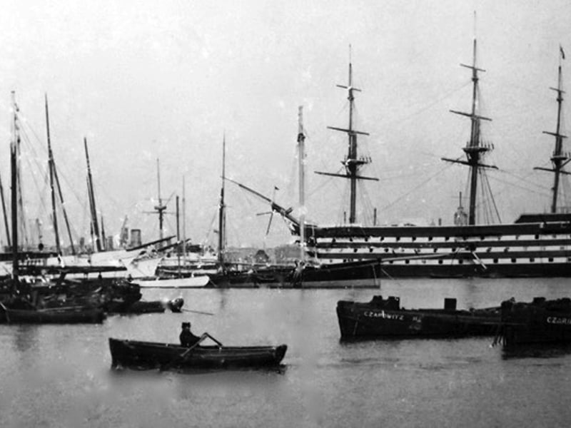 Ships, barges and yachts. With HMS Victory as a background here we see all types of vessels in Portsmouth Harbour in 1898.