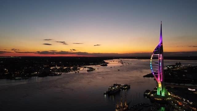 Spinnaker Tower lit up for countdown to Portsmouth Pride. Pic Spinnaker Tower