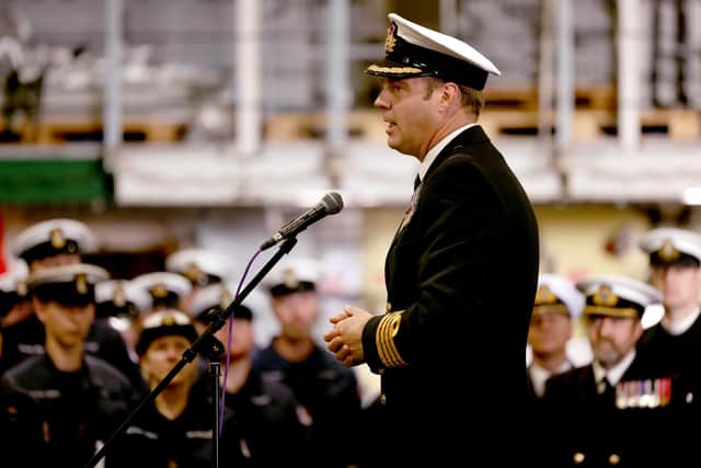 Pictured: Captain Feasey Speaking to the ship's company for the last time as their Commanding Officer. Picture: LPhot Chris Sellars.