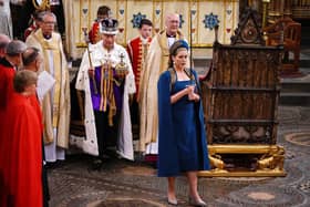 Lord President of the Council, Penny Mordaunt, holding the Sword of State walking ahead of King Charles III during his coronation ceremony in Westminster Abbey, London. Picture: Yui Mok/PA Wire.