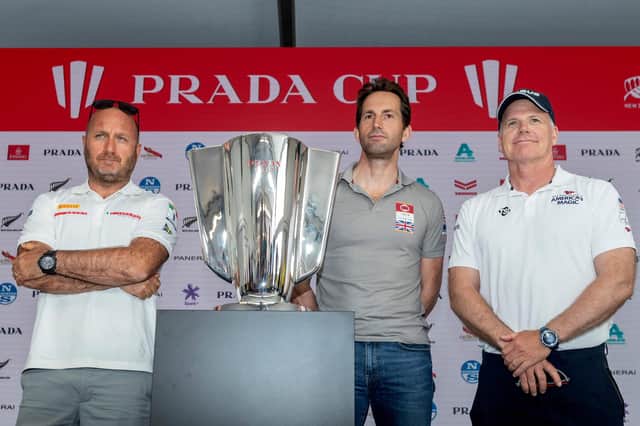 From left - Max Sirena (Luna Rossa), Ben Ainslie (INEOS Team UK) and Terry Hutchinson (American Magic) at a Prada Cup press conference in Auckland today. Photo by Gilles Martin-Raget/AFP via Getty Images.