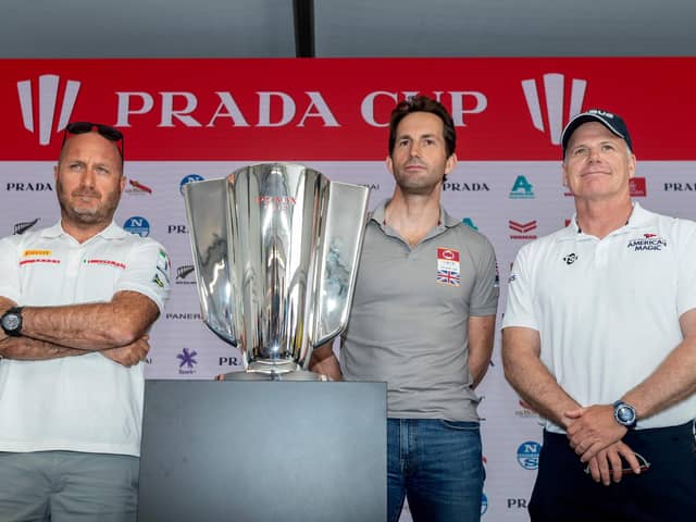 From left - Max Sirena (Luna Rossa), Ben Ainslie (INEOS Team UK) and Terry Hutchinson (American Magic) at a Prada Cup press conference in Auckland today. Photo by Gilles Martin-Raget/AFP via Getty Images.