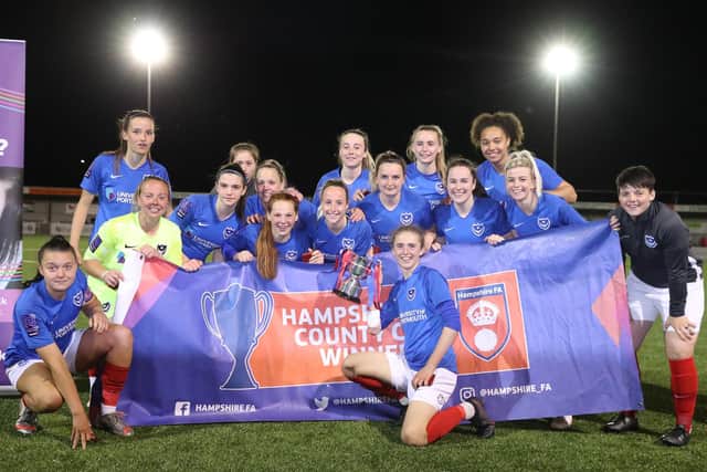 Pompey Women celebrate Hampshire Women's Senior Cup glory. Picture: Dave Haines