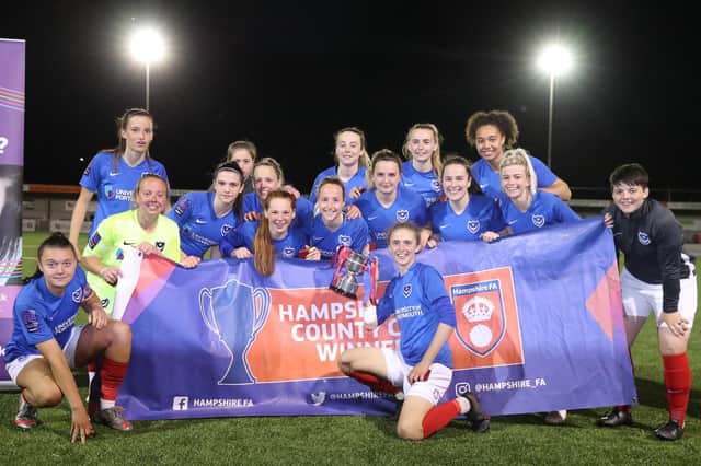 Pompey Women celebrate Hampshire Women's Senior Cup glory. Picture: Dave Haines