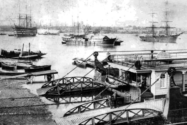 The floating bridge that ran from Point, Old Portsmouth, across the harbour to Gosport. On the left would be Broad Street leading down to Point. Looking out into the harbour you can see HMS Victory afloat so we know this picture was taken before 1922. Picture: Ray Butcher collection.