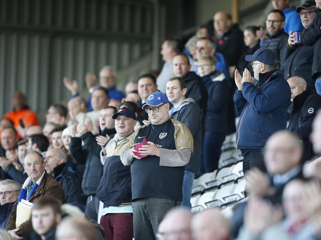 Portsmouth fans during the EFL Sky Bet League 1 match between Morecambe and Portsmouth at the Globe Arena, Morecambe, England on 12 November 2022.