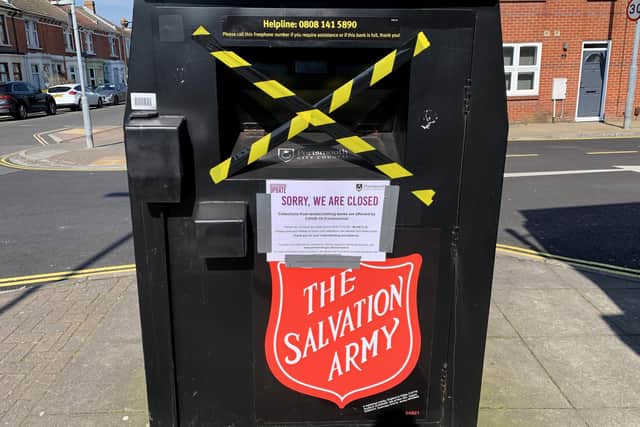 The closed Salvation Army textiles bank outside Co-op in Devonshire Square, Southsea. 

Picture: Ben Fishwick