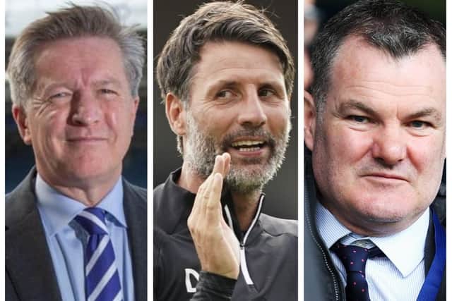 From left, chief executive Andy Cullen, Pompey boss Danny Cowley and chief operating officer Tony Brown are key figures for Pompey going into deadline day.